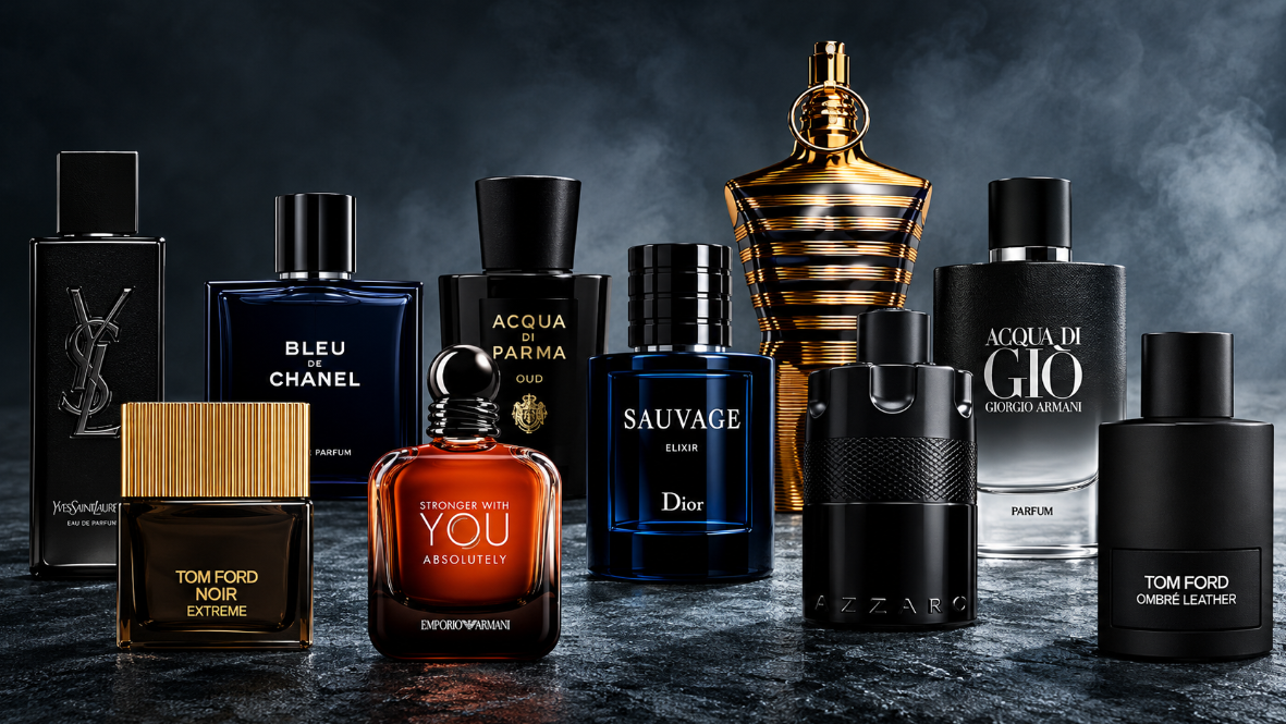 Coleção de frascos de perfume em cenário escuro